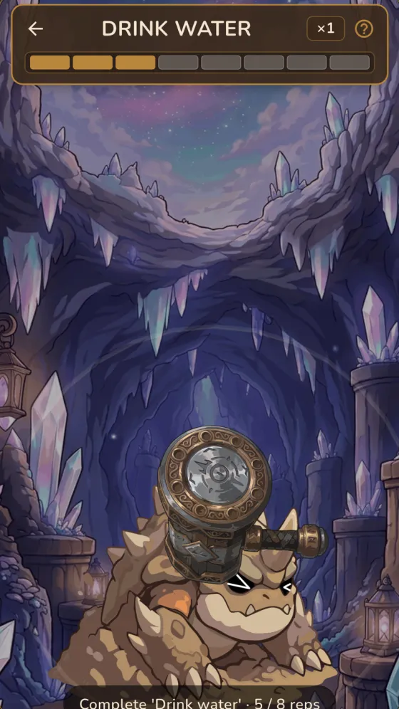 Adventure mode: a hammer quest against a cave turtle, 4 of 8 reps