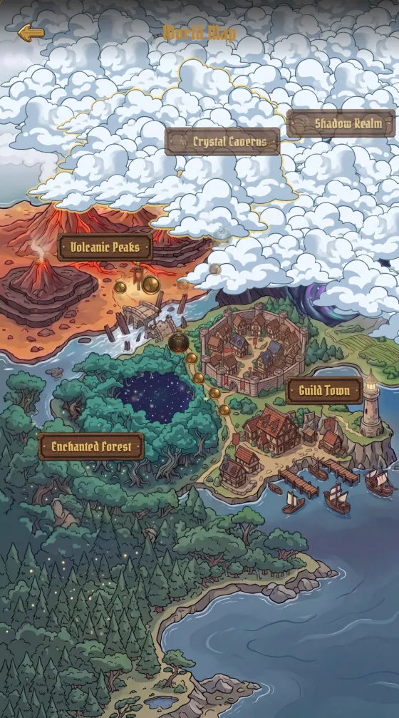 The world map: one continent with regions under clouds that open as you rank up