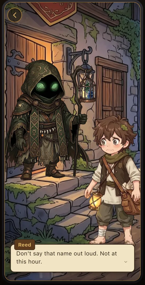 A story scene: Reed and a hooded stranger at a lantern-lit door